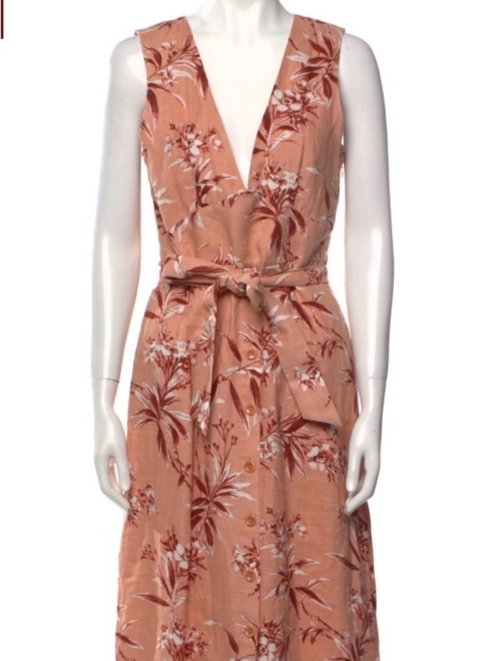 Joie Peach Floral V-Neck Tie-Waist Midi Dress